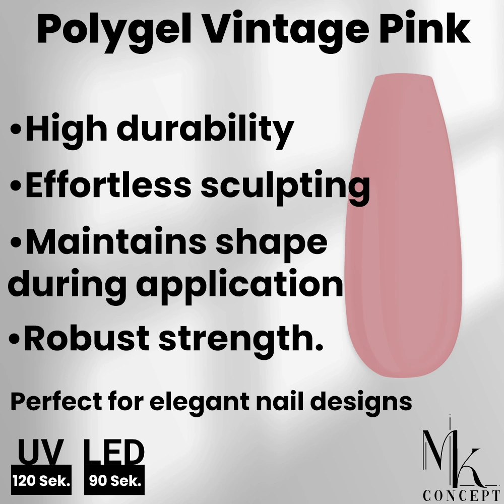 Polygel Vintage Pink 15g, a premium nail enhancement product in a soft vintage pink shade, ideal for elegant nail designs.